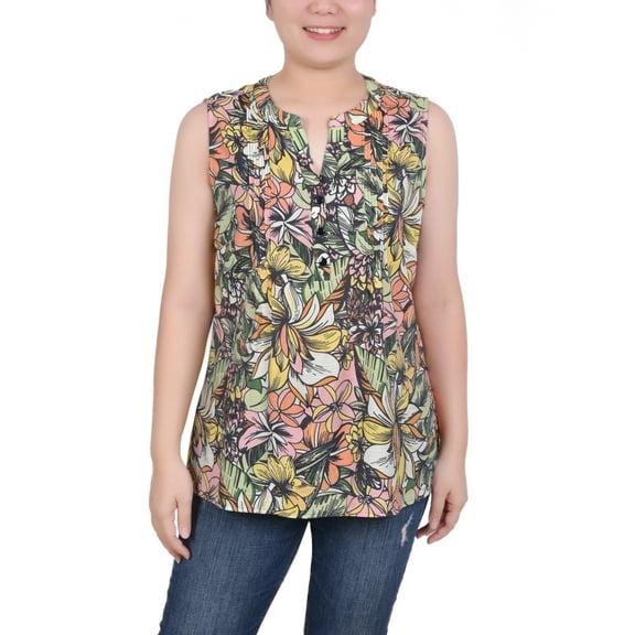 NY Collection Women's Pleated Ink Pad Print Sleeveless Top Large Green/white