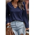 thumbnail image 4 of Women's Blue Ribbed Texture Lace Trim V Neck Long Sleeve Top, 4 of 5