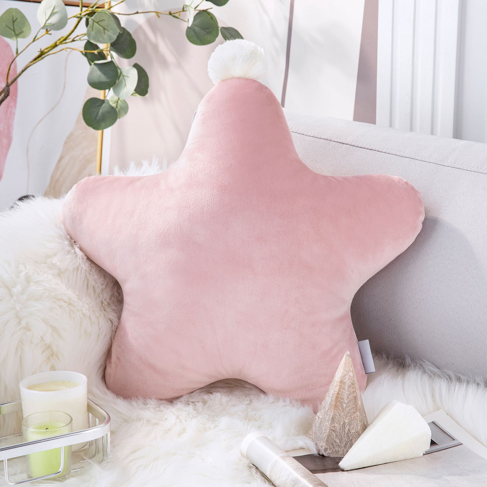 Phantoscope Star Pom Pom Decorative Throw Pillow, 18 x 18 in, Pink