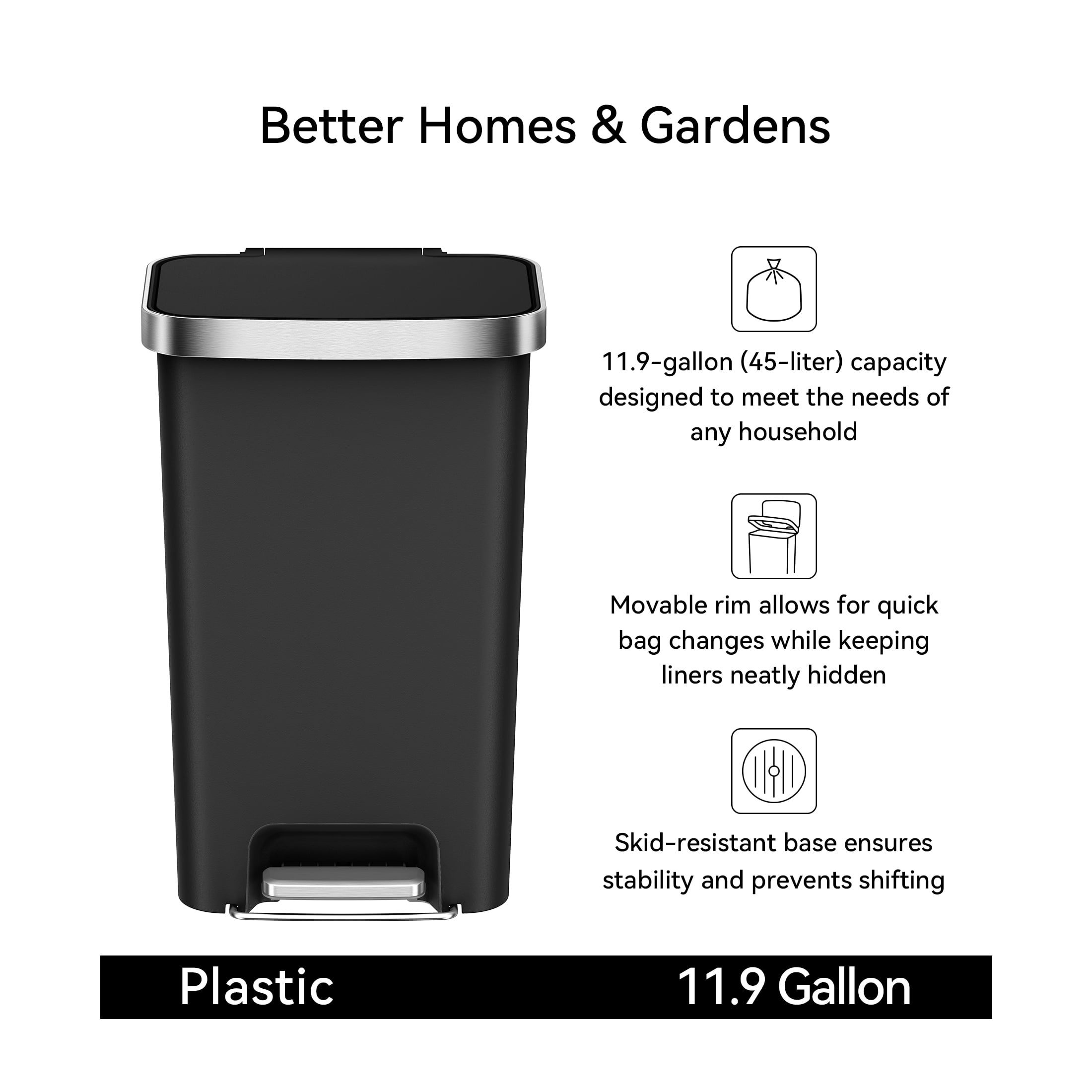 Better Homes & Gardens Kitchen Trash Can, 11.9 Gallon Plastic Step Garbage Bin with Soft Close Lid, Black