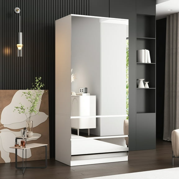 KULAGAGA Wardrobe with Mirror Doors, White Bedroom Armoire with 2 Drawers, Hanging Rod, Mirrored Closet Modern Clothes Storage Cabinet for Bedroom Cloakroom