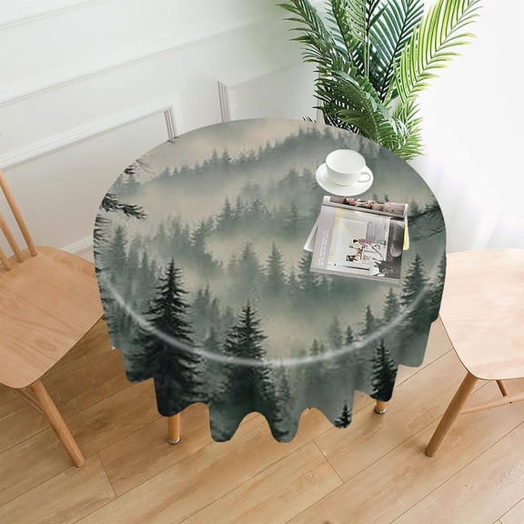 RKSupls 60 Inch Round Tablecloth, Forest Misty Trees Premium Polyester Straight Edge Wrinkle Resistant Washable Table Cover for Party Home Dining Decor