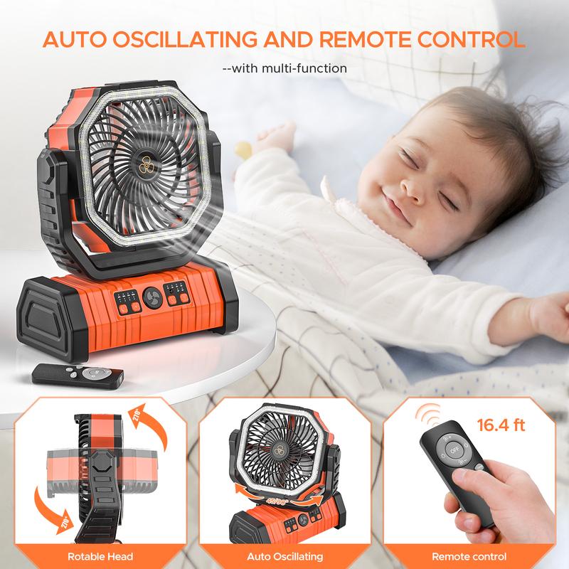 Cordless 20000mAh Rechargeable Portable Camping Fan with LED Lights, Remote Control, Foldable Hook, 4-Settings Wind Speeds, USB-C Port