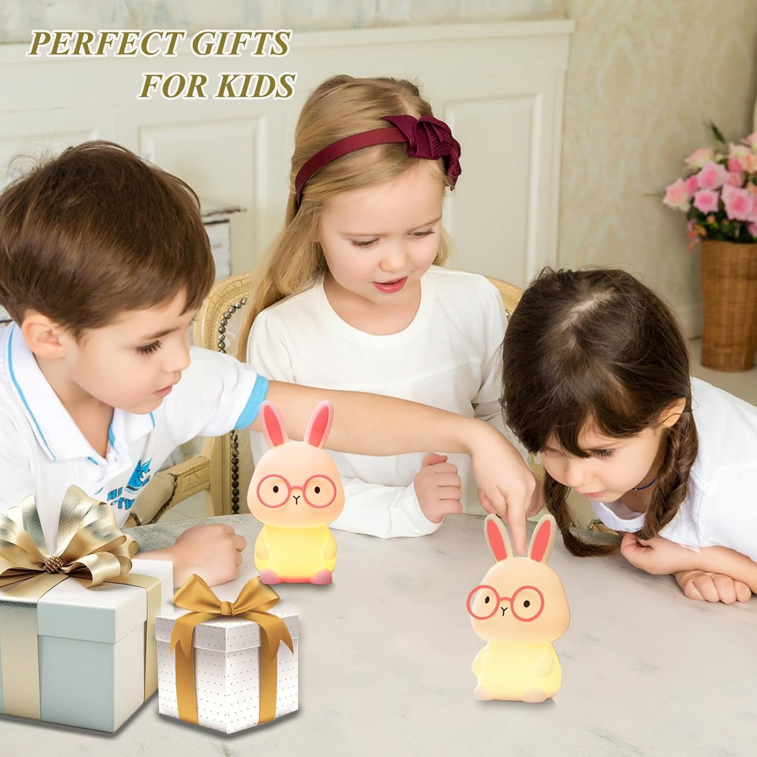 Bunny Night Light for Kids, Cute White-Pink Silicone Rabbit Lamp, 7 Colors RGB & 3-Level Warm Light, 30-Min Timer Rechargeable Touch Night Light, Easter Gifts for Baby Toddlers