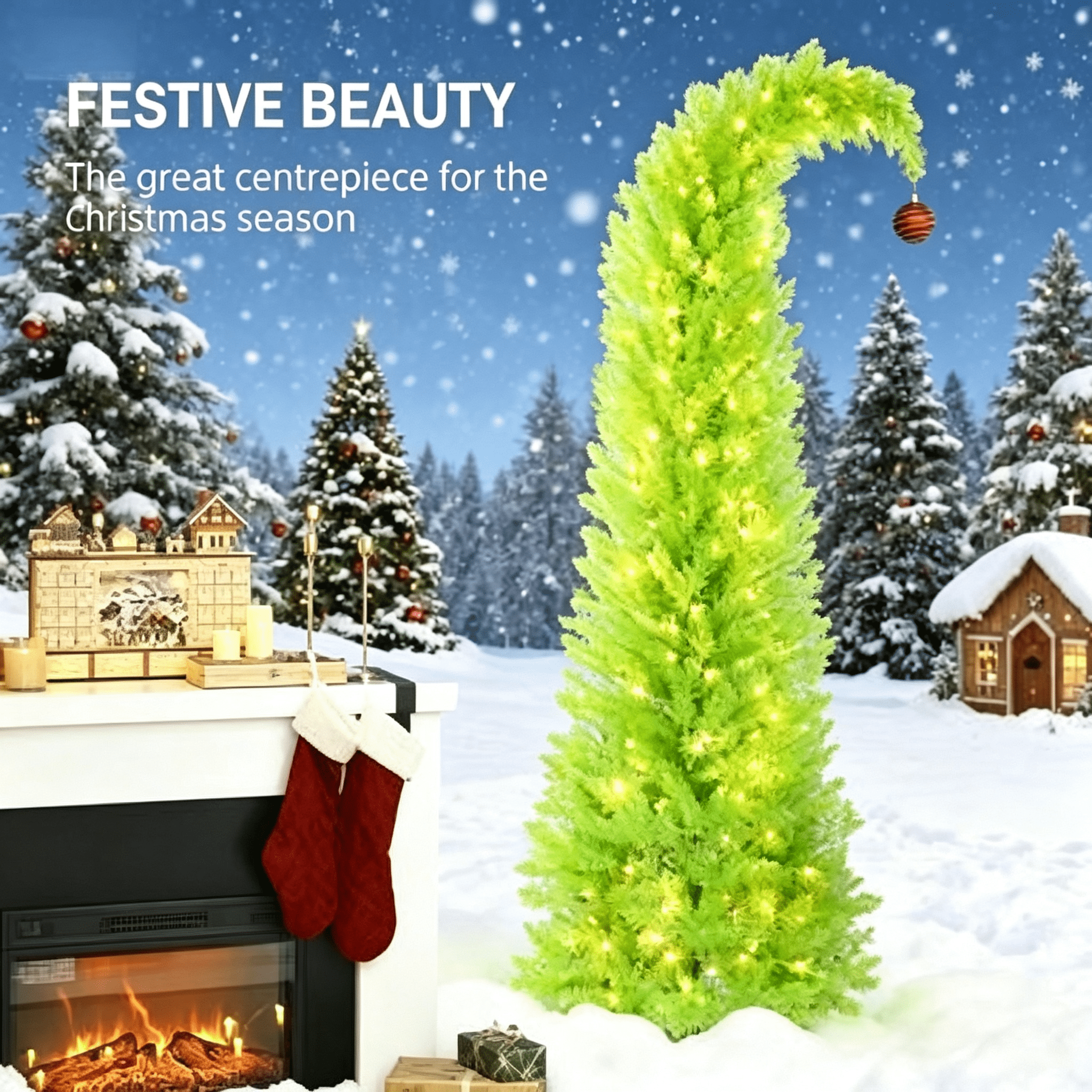 7 ft Prelit Pencil Christmas Tree with Red Ball, Green
