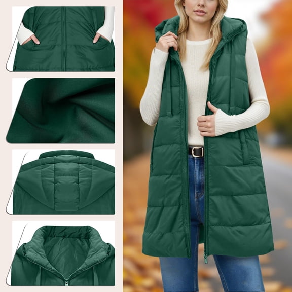 BRGZLK Womens Long Winter Vests 2026 Solid Color Stand Collar Sleeveless Outerwear Quilted Puffer Hooded Jacket with Pockets for Cold Weather Green L