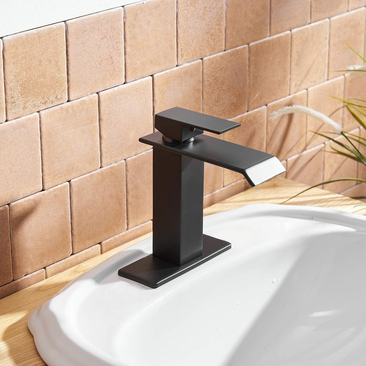 BWE Matte Black Bathroom Faucet Modern Waterfall Single Hole Bathroom Sink Faucet Parts Square Spout Bath Lavatory Vanity and Supply Hose Single Handle