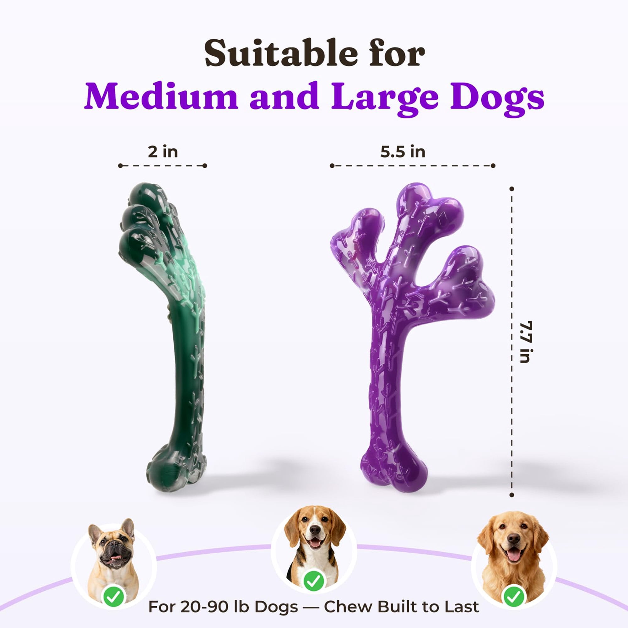 Indestructible dog chew toys for aggressive chewers, 2 pack beef flavored nylon bones and textured cactus toy for large dogs 20-90 lbs, stuffable with peanut butter, long lasting, green
