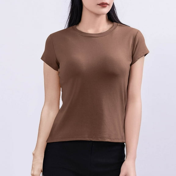Blczomt Womens Tops Summer Plain Basic Tee Shirt Short Sleeve Casual Crew Neck Brown Women's T-Shirts