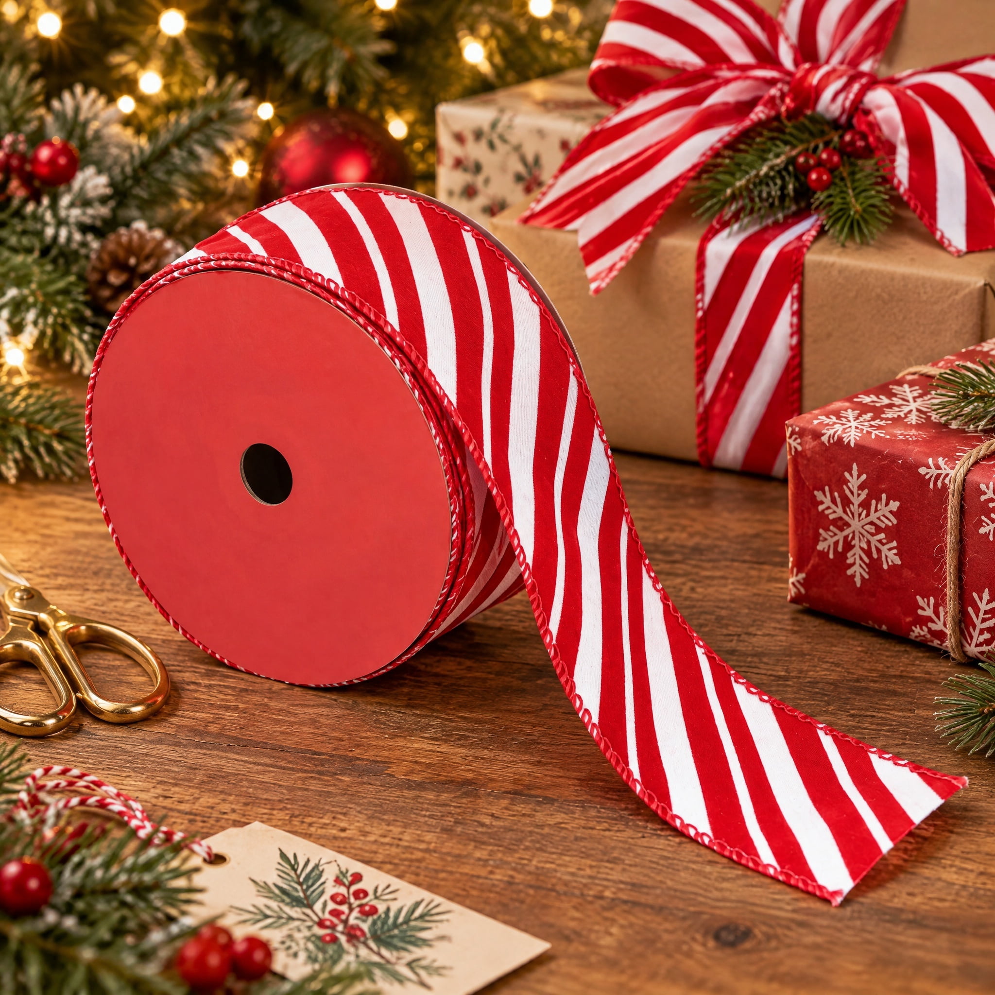 Red and White Diagonal Striped Christmas Ribbon, 2" x 30', by Holiday Time