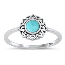 CHOOSE YOUR COLOR Simulated Turquoise Flower Mandala Ring .925 Sterling Silver Band Blue CZ Female Size 4