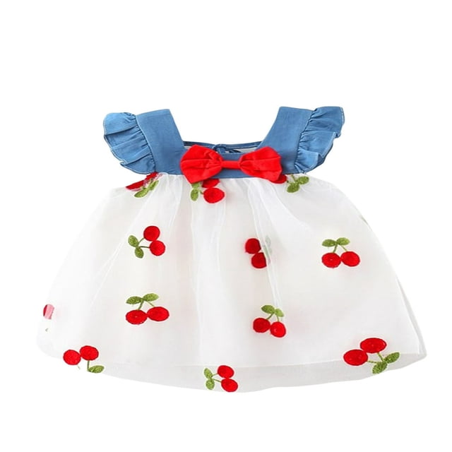 Robe de Princesse pour Bébé Fille, Robe Patchwork à Broderie de Cerises