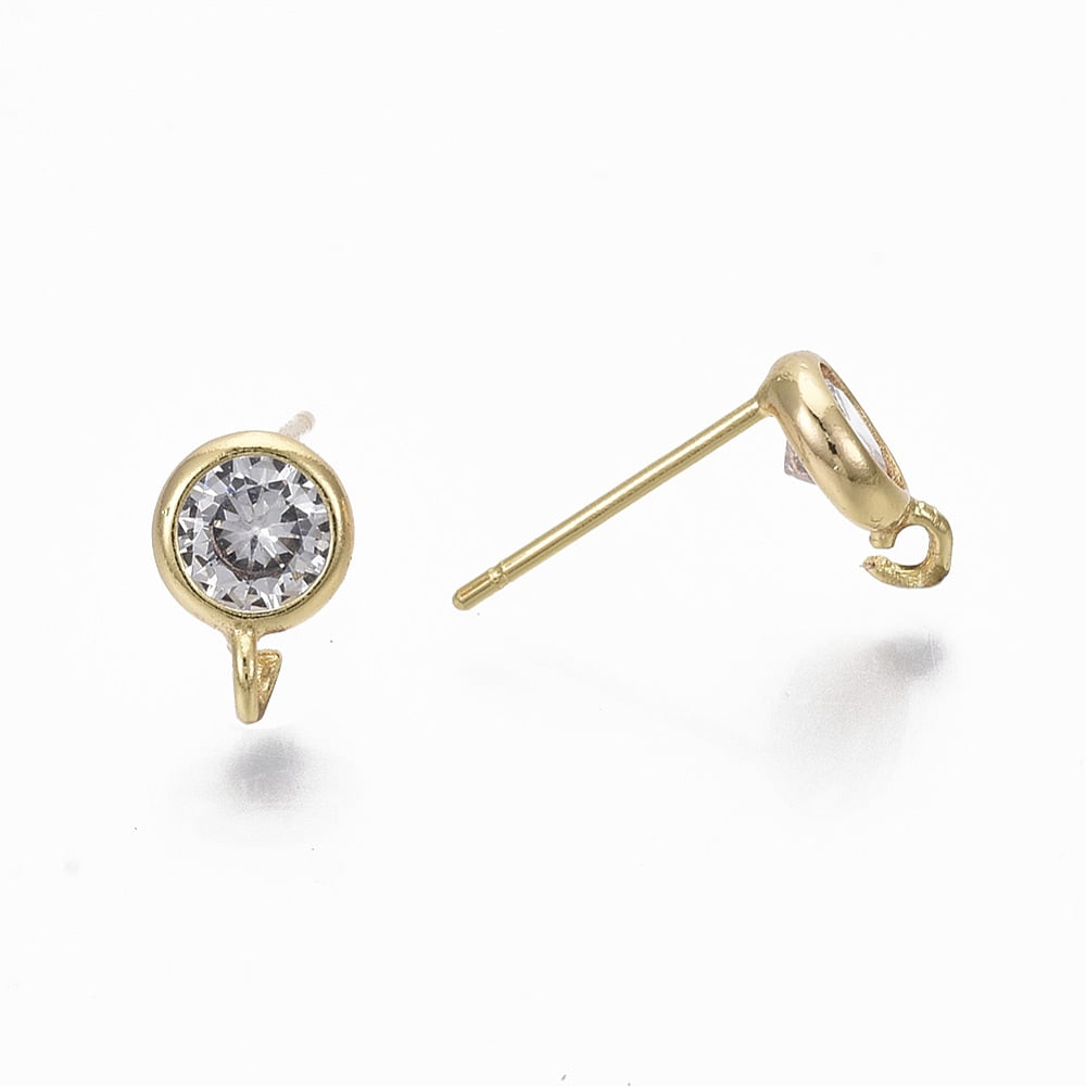 50pc Brass Micro Clear Cubic Zirconia Stud Earring Findings with Loop Nickel Free Flat Round Real 18K Gold Plated 8x6mm Hole: 1.2mm Pin: 0.7mm
