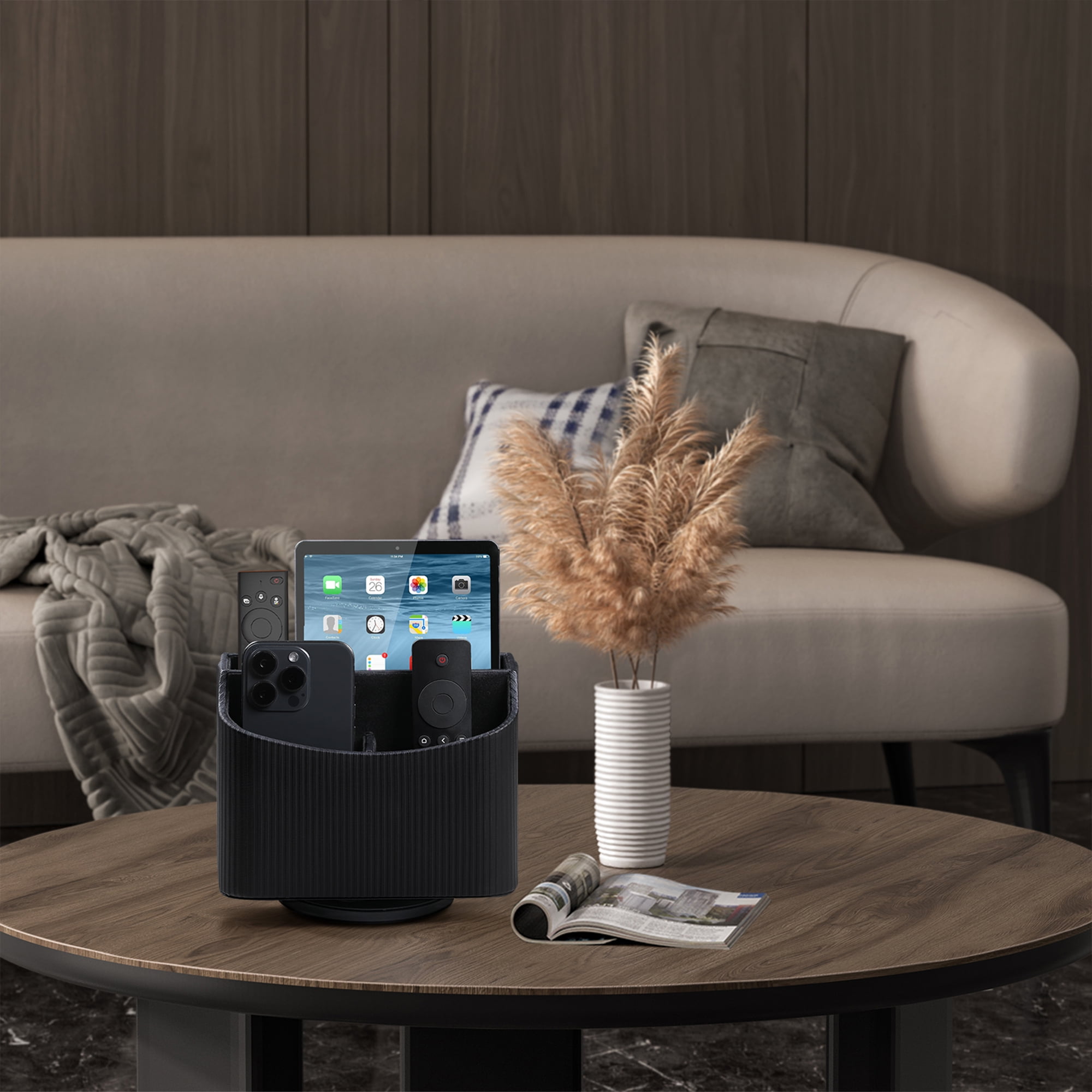 PU Leather Remote Control Holder, 360 Degree Rotating Desk Organizer Storage Table Remote Caddy, Spinning Bedside Organizer Nightstand Organizer for Desktop Office Home (Black)
