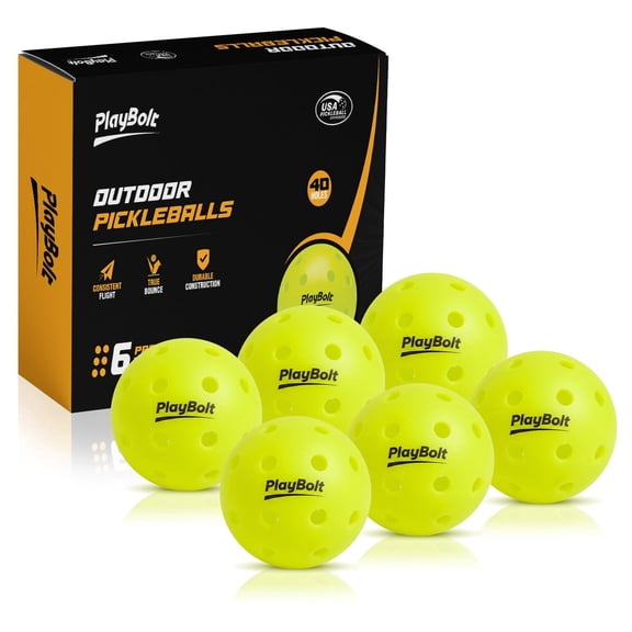 PlayBolt Outdoor Pickleball Balls - 6 Pack Premium Pickle Balls Set USAPA Approved, 40 Hole Crack Resistant Tournament Ready Pickleballs