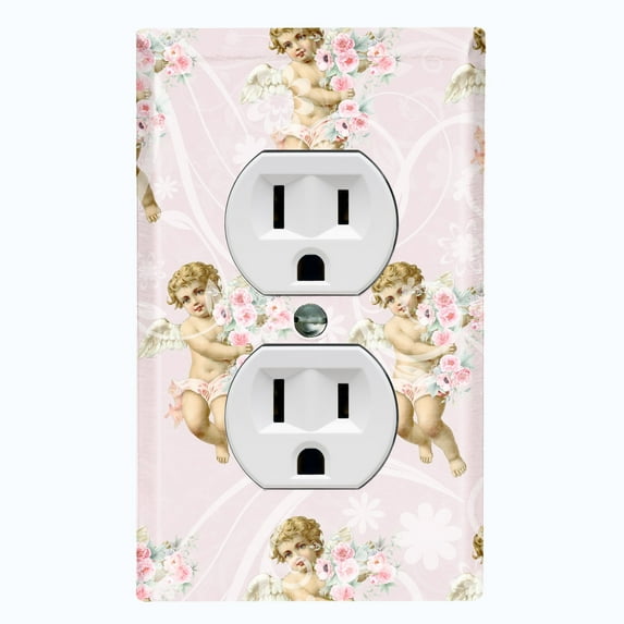 Metal Light Switch Plate Outlet Cover Romantic Pink Floral Cupid Damask Wallpaper AGL003