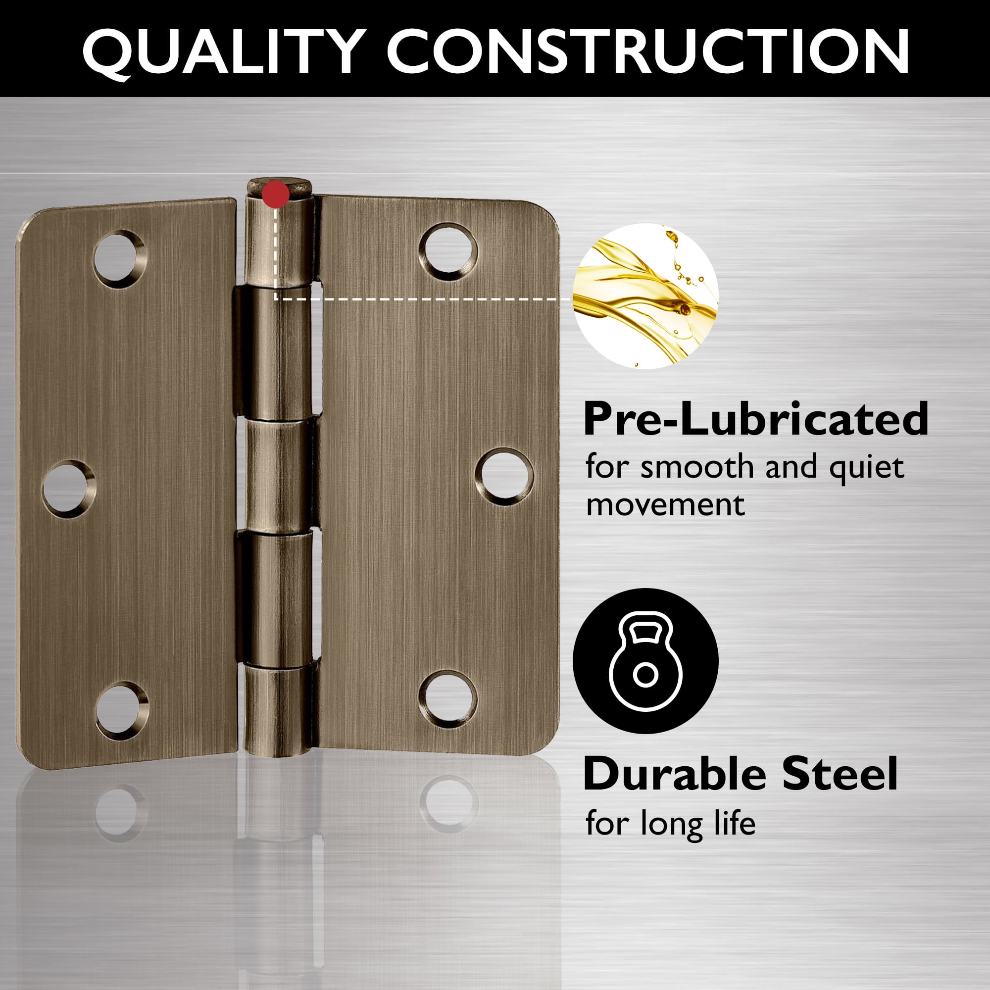 Antique Brass Steel Plain Bearing Door Hinge with Removable Pin, 3-1/2 x 3-1/2 in. 1/4 in. Radius, 3-Pack