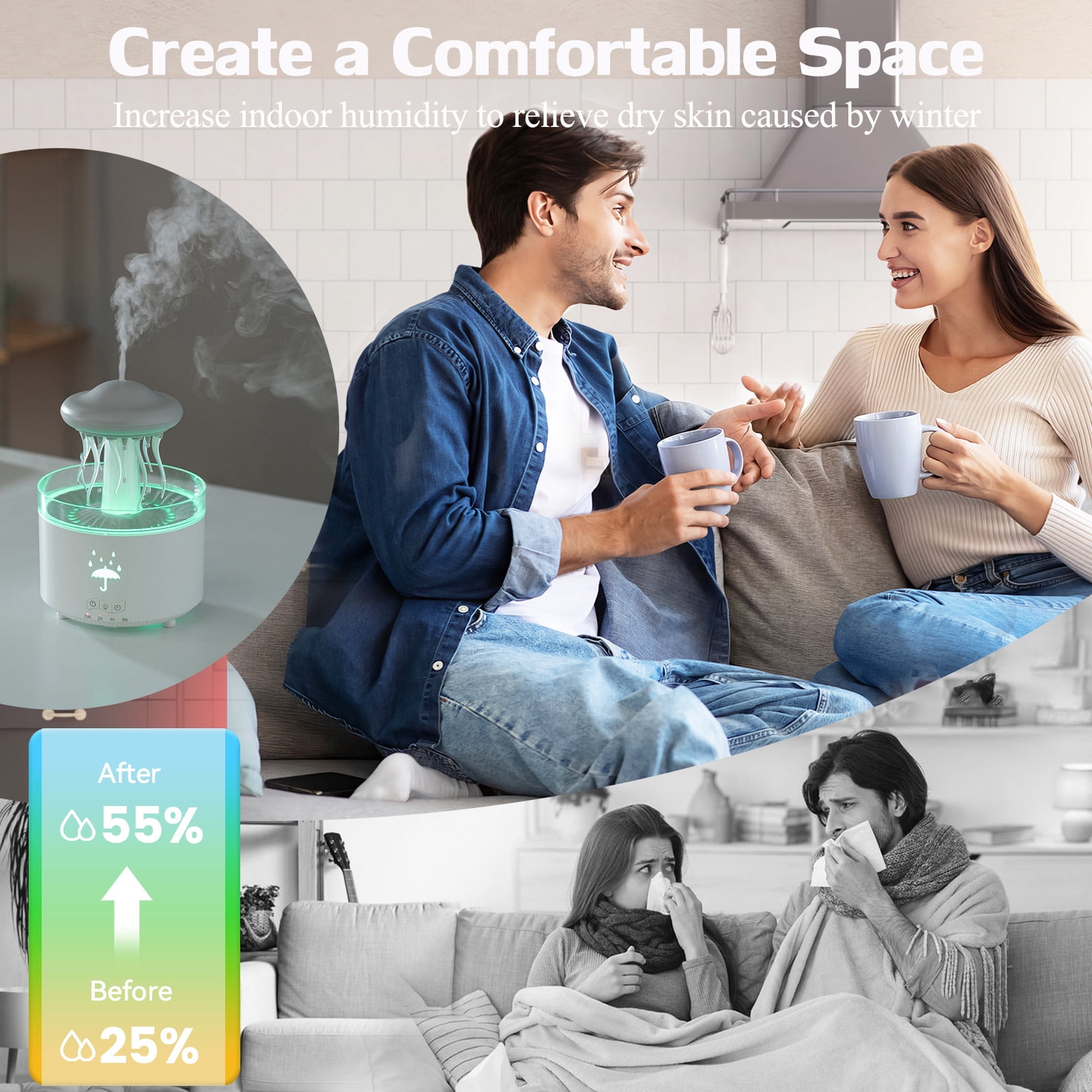 Humidifier for Bedroom, 7-Color Rotatable Dancing Jellyfish Rain Humidifier with Water Drip Effect, 300ML Small Humidifier Aroma Diffuser with Remote & Timer, Cute Humidifier Gift for Kids Teen Women