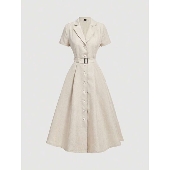 Apricot Mid-Length Shirt Dress With Lapel, Belt, And Short Sleeves