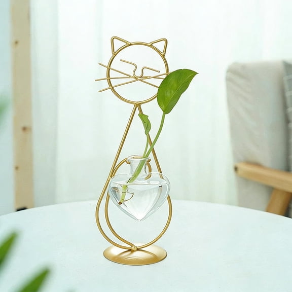 Dianli Home Decor Cat-Shaped Wrought Iron Hydroponic Flower Vase Tabletop Centerpiece Rustic Metal Floral Arranger for Living Room and Dining Table Decorative Accent