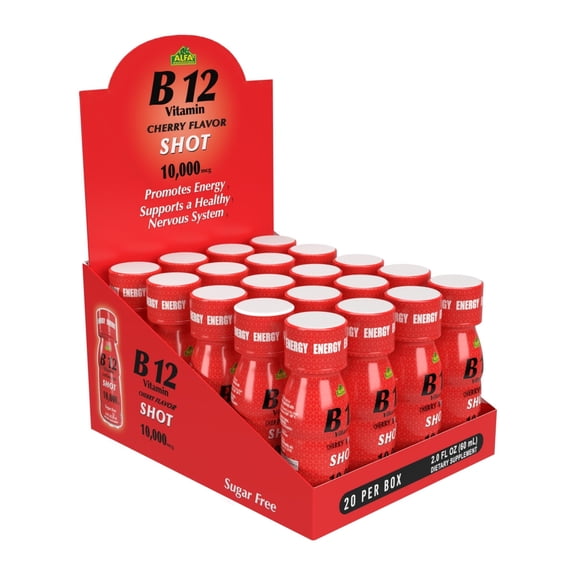 B12 Vitamin Shot with 10,000 MCG Highest Potency - Sugar-Free, Caffeine-Free - Energy Shot by Alfa Vitamins Cherry Flavor (2.0 FL OZ Bottle) 20 Pack