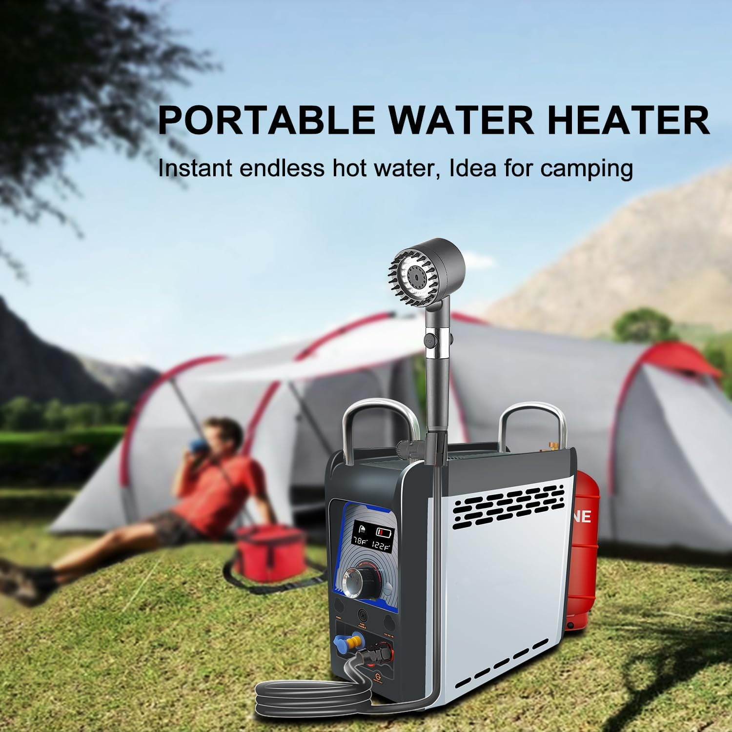 12V Tankless Portable Water Heater Propane - 25000BTU 6KW Instant Hot Water Heater for RV, Camper Van, Camping Trailer, Cabin - Gas Powered Camping Shower - Black