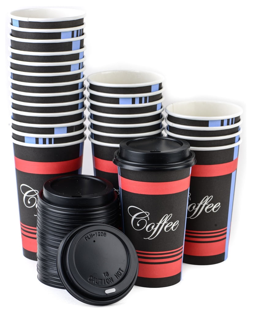 Disposable Poly Paper Hot Tea Coffee Cups with Dome Black Lids 250 Pack 12 Oz 