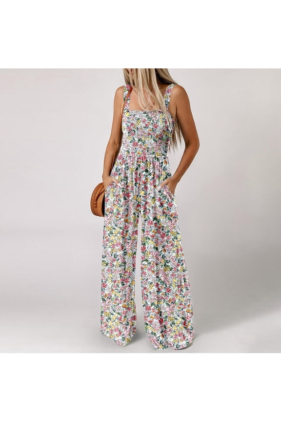 Women Jumpsuits Casual Sleeveless Baggy Long Pants Floral Elastic Waist One Piece Jumpsuits Baggy Overalls Crewneck Beach Vacation Outfits Travel Clothes L