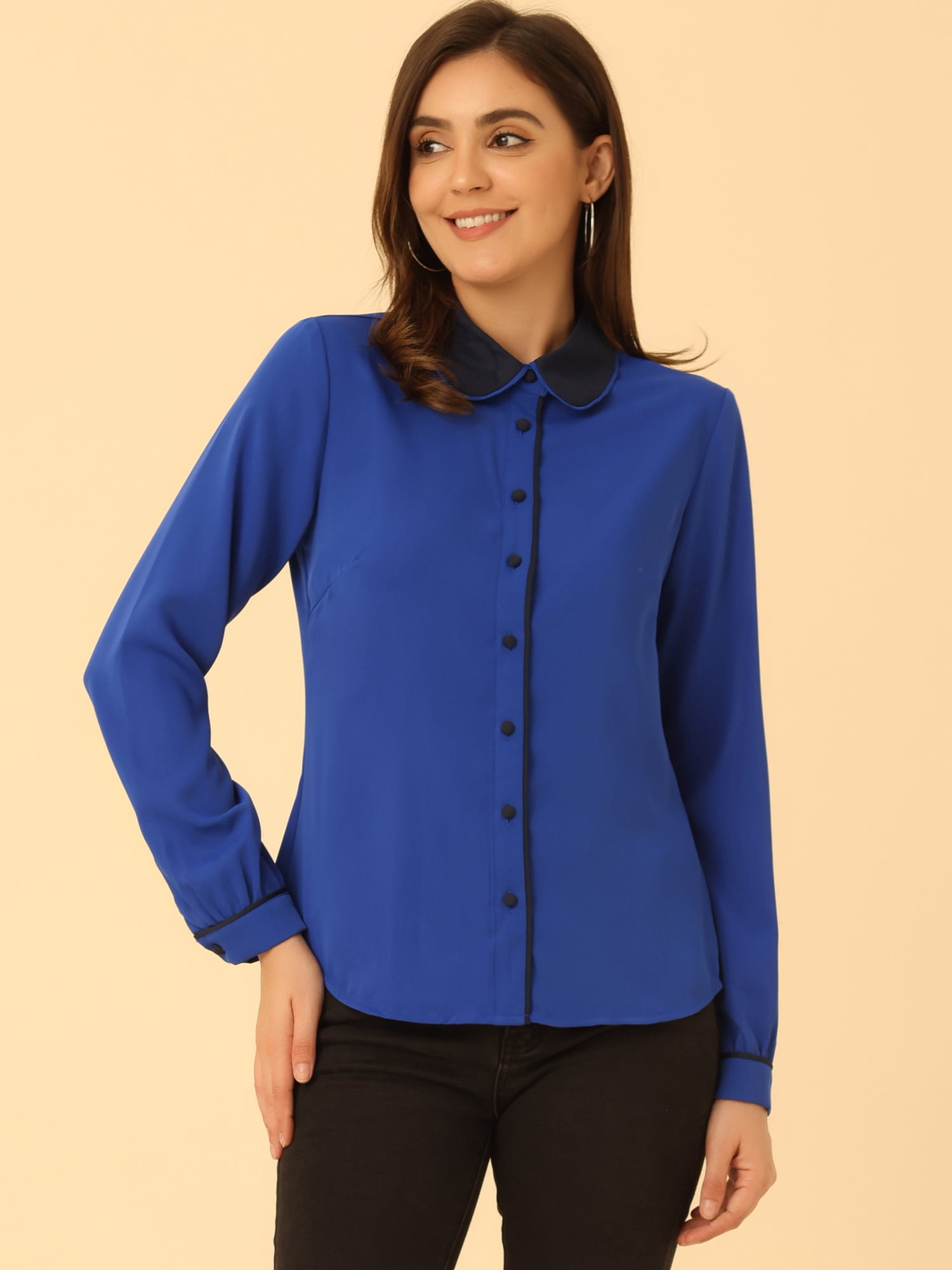 DARING DIVA Women's Button Down Long Sleeve Peter Pan Collar Blouse L Royal Blue