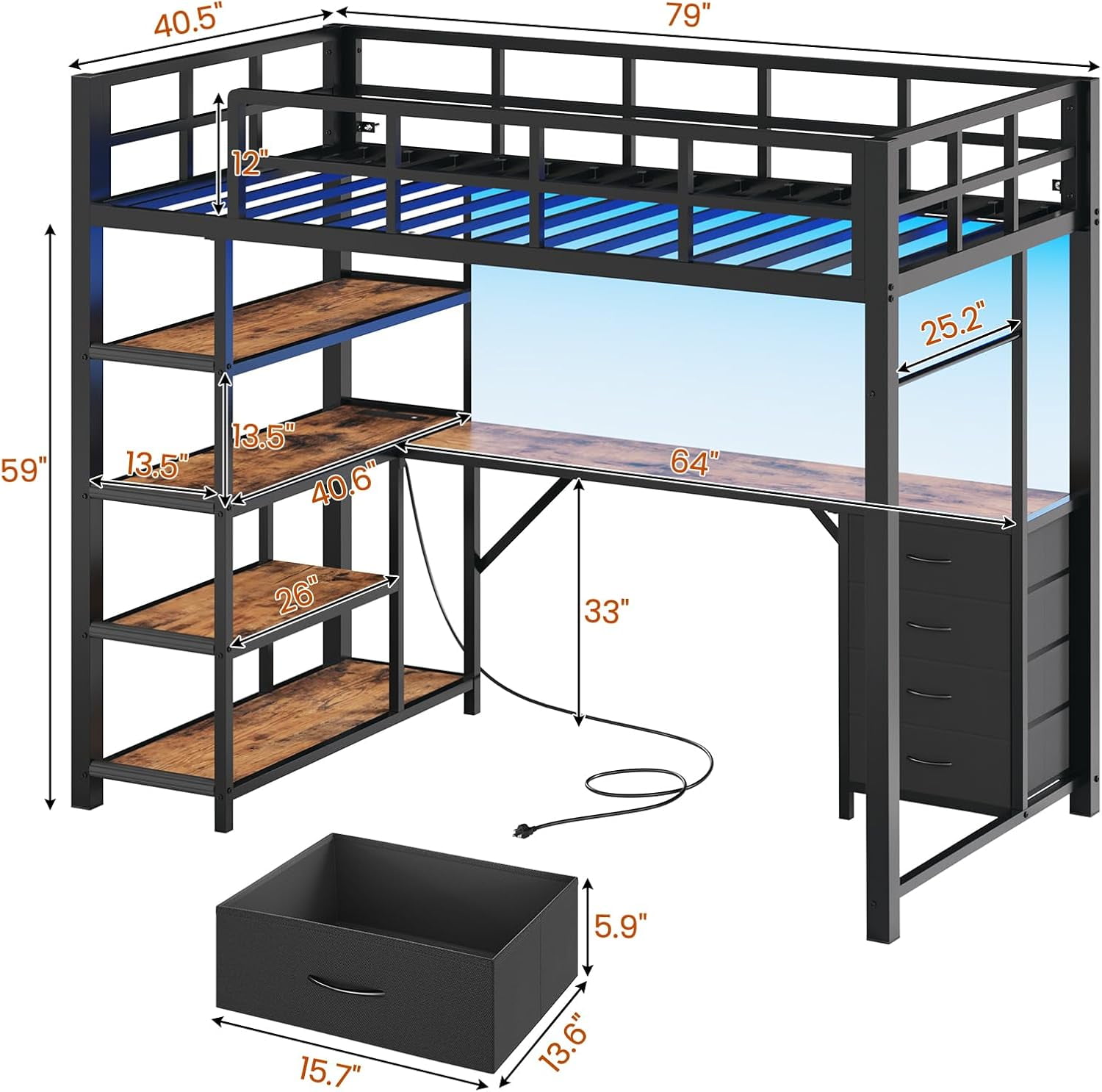 Twin Size Loft Bed with Power Outlet and LED Lights, Metal Loft Bed Frame with L Shape Desk and 4-Tier Storage Shelves, No Box Spring Needed,  Black