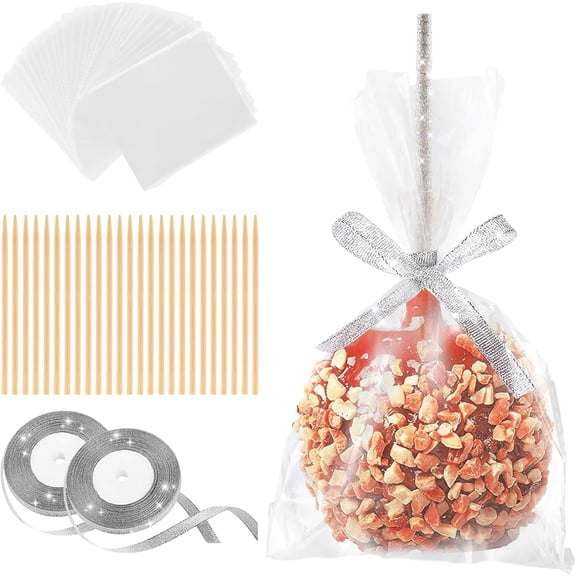 50 Pcs Candy Apple Bags & Sticks Set, Caramel Apple Wrapping Kit with Bamboo Skewers & Gold Ribbon for Party, Wedding & Holiday Desserts