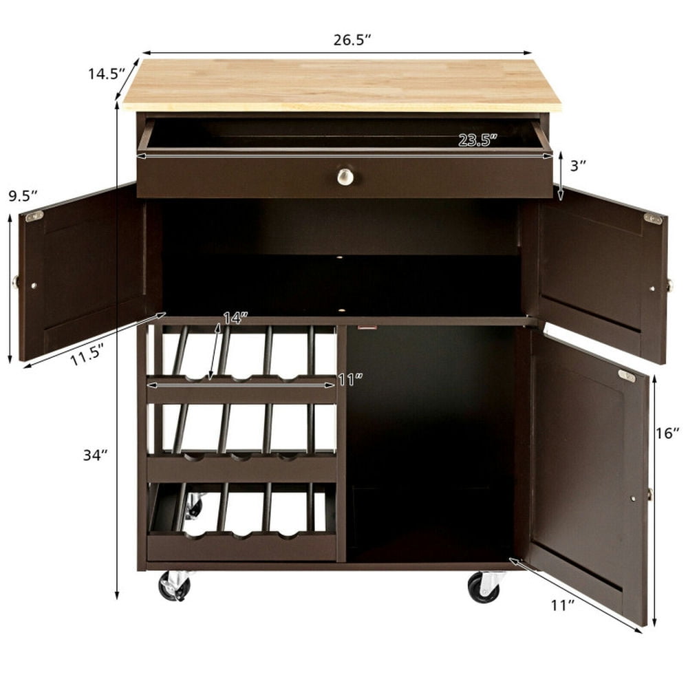 Finihen Rolling Cart, Kitchen Island Cart, Kitchen Cart with Rubber Wood Top 3 Tier Wine Racks 2 Cabinets, for Kitchen, Dining Room, Brown Finihen Rolling Cart, Kitchen Island Cart, Kitchen Cart with Rubber Wood Top 3 Tier Wine Racks 2 Cabinets, for Kitchen, Dining Room, Brown