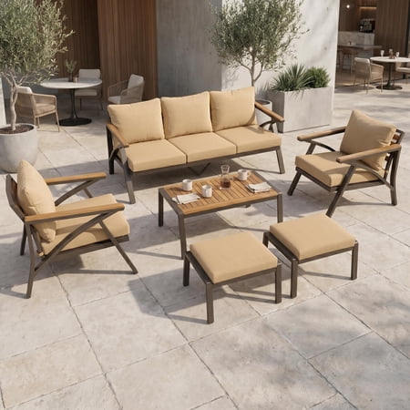 FFZ 6-Piece Outdoor Patio Furniture Set with Acacia Wood Table Steel Frame and Cushioned Seating Brown
