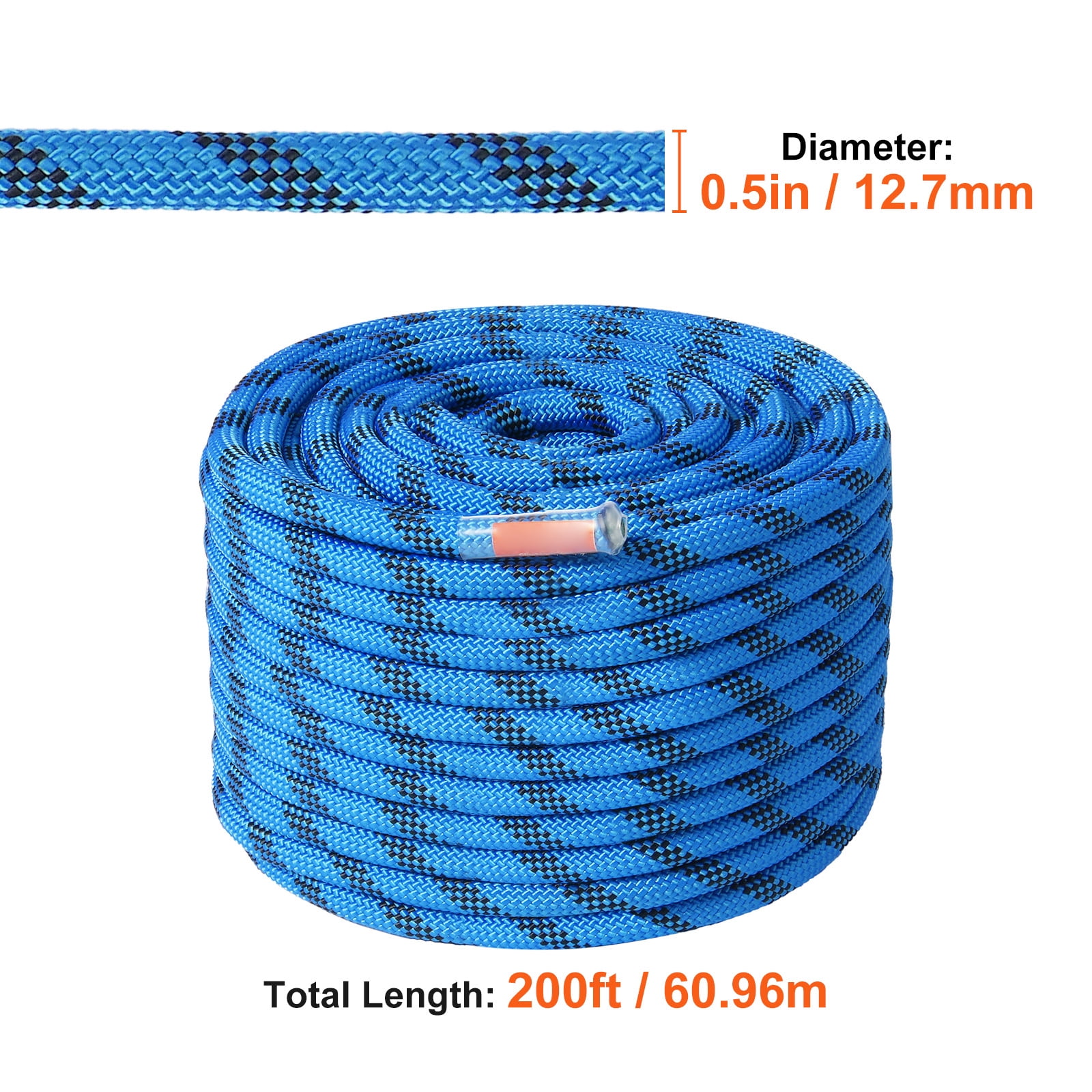KFFKFF 12.7mm Safety Rope, 60.9M(200ft) for Outdoor Climbing, 30KN Tensile Strength, Durable Fiber Cord with Metal Carabiners for Emergency Exits, Rappelling, Fire Services, in Blue