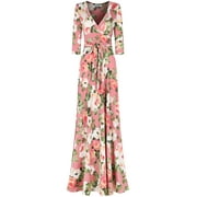 Bon Rosy, Women's, 3/4 Sleeve V-Neck Printed Maxi Faux Wrap Floral Dress, Blush, M