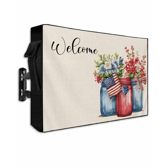 4th of July Outdoor TV Cover 52 to 55 Inch Waterproof, Spring Floral Red US Flag Rustic Independence Day 600D Oxford TV Covers with Zipper, Outside Flat TV Screen Protector 52"Wx19"Hx4.5"D