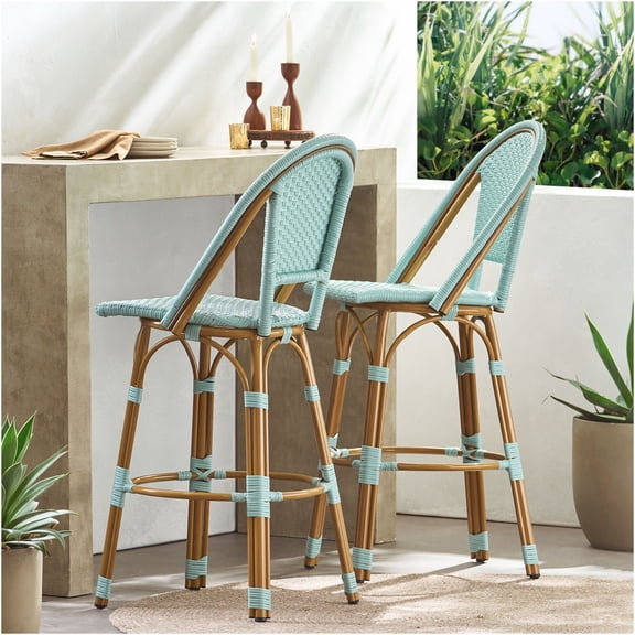 JERFIT 2-Pack Outdoor Bar Stools, 29.5 Inch Teal Blue Wicker Barstool Set with Aluminum Frame for Patio, Garden, Bistro