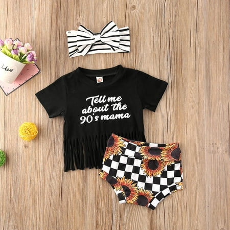 

Suanret 3Pcs Toddlers Baby Girls Summer Outfits Letter Printed Tassels Short Sleeves T-Shirt Floral Shorts Headband Black 18-24 Months