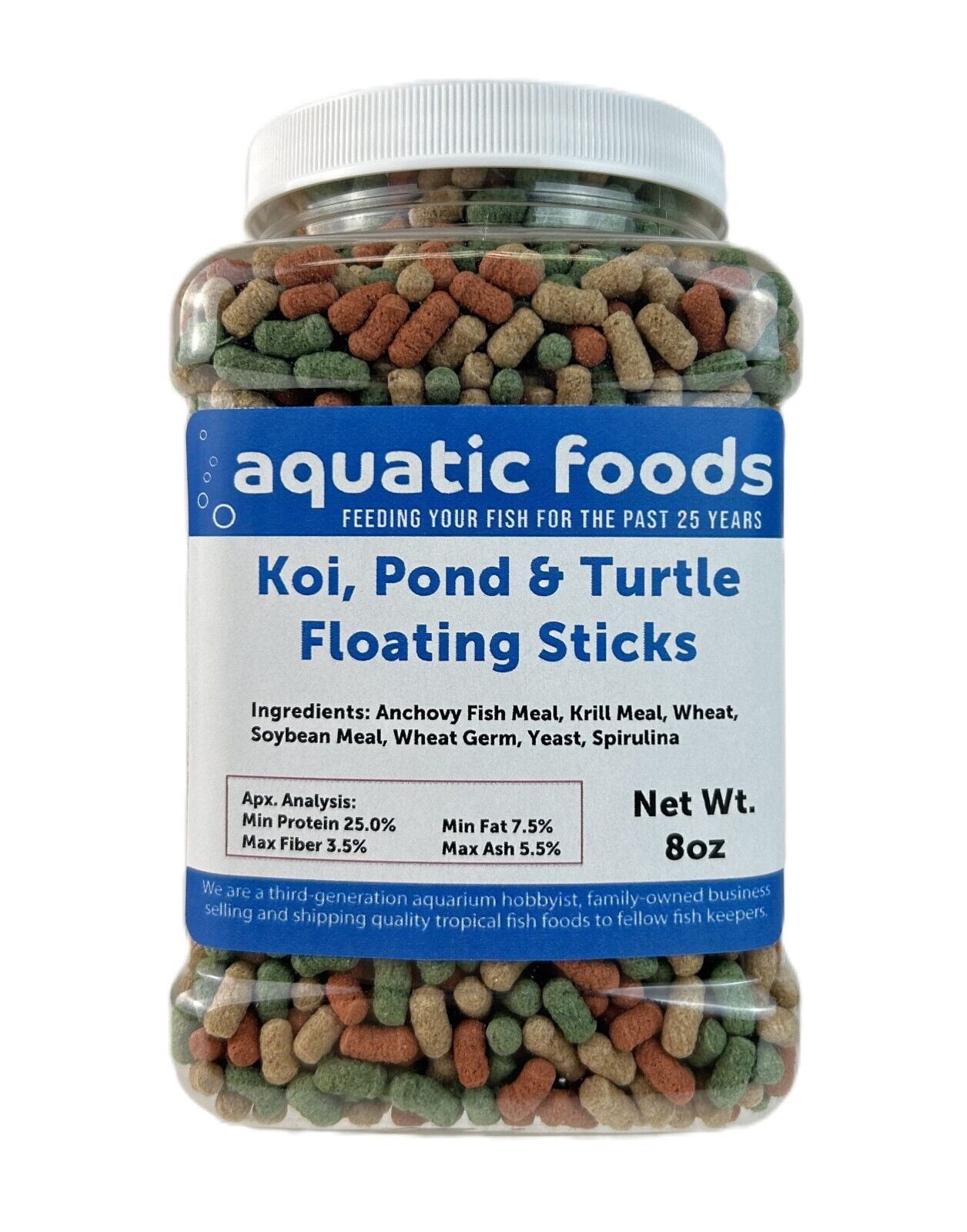 Aquatic Foods Inc. Koi 7/16" x 5/32" 30% Protein Floating Sticks. Spirulina, Color Enhancing & Wheat Germ Sticks for Koi, All Pond Fish, Aquatic Turtles...WL 8oz Med Jar