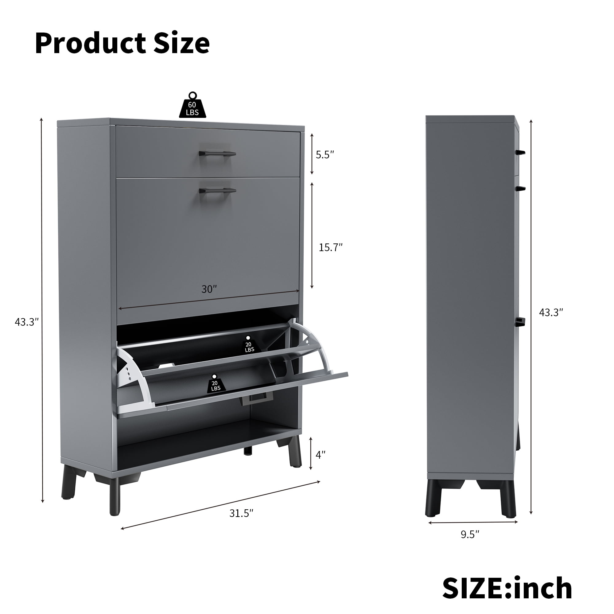 Space Saving Gray Shoe Storage Cabinet with 2 Flip Drawers, Ample Storage, Sturdy MDF & Metal Construction Space Saving, Gray - Easy to Assemble, Shoe Storage Cabinet for Doorway Hallway Entryway