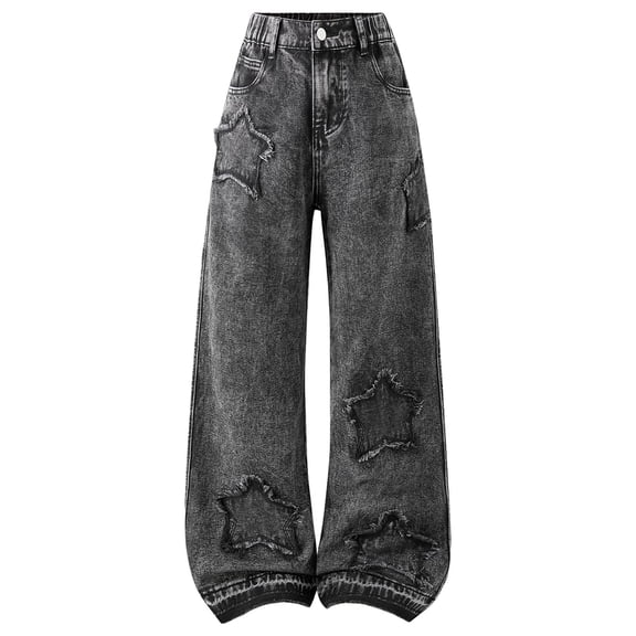 Zanarzt Girls Baggy Jeans Y2k Girl's Star Patched Baggy Jeans Straight Leg Denim Pants Streetwear Black,7-8 Years