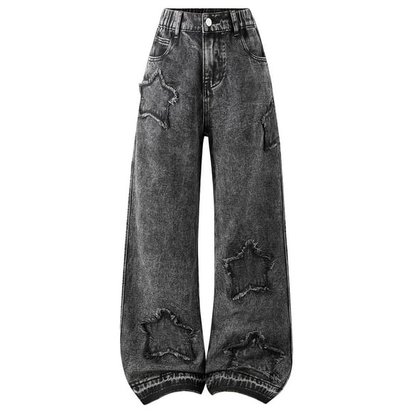 dmqupv Girls Flare Jeans Girl's Star Patched Baggy Jeans Straight Leg Denim Pants Streetwear Black,Size for 11-12 Years