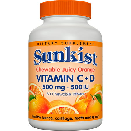 Sunkist La vitamine C Croquer & D 500 mg 500 UI, Juicy Orange, 80 Ct