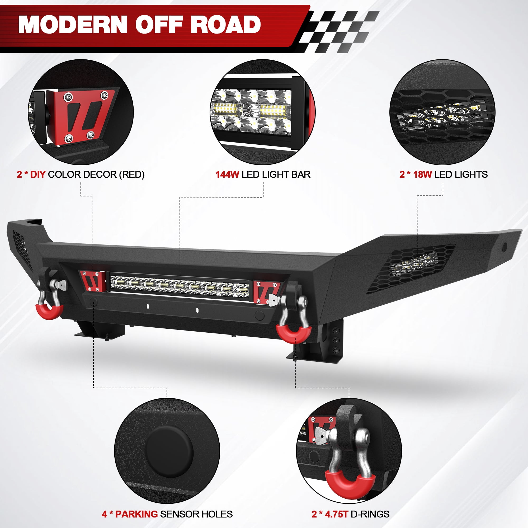 POFENZE Front Bumper for 2007-2013 Toyota Tundra Full Width Bumper w/144W Light Bar, 2x18w Lights