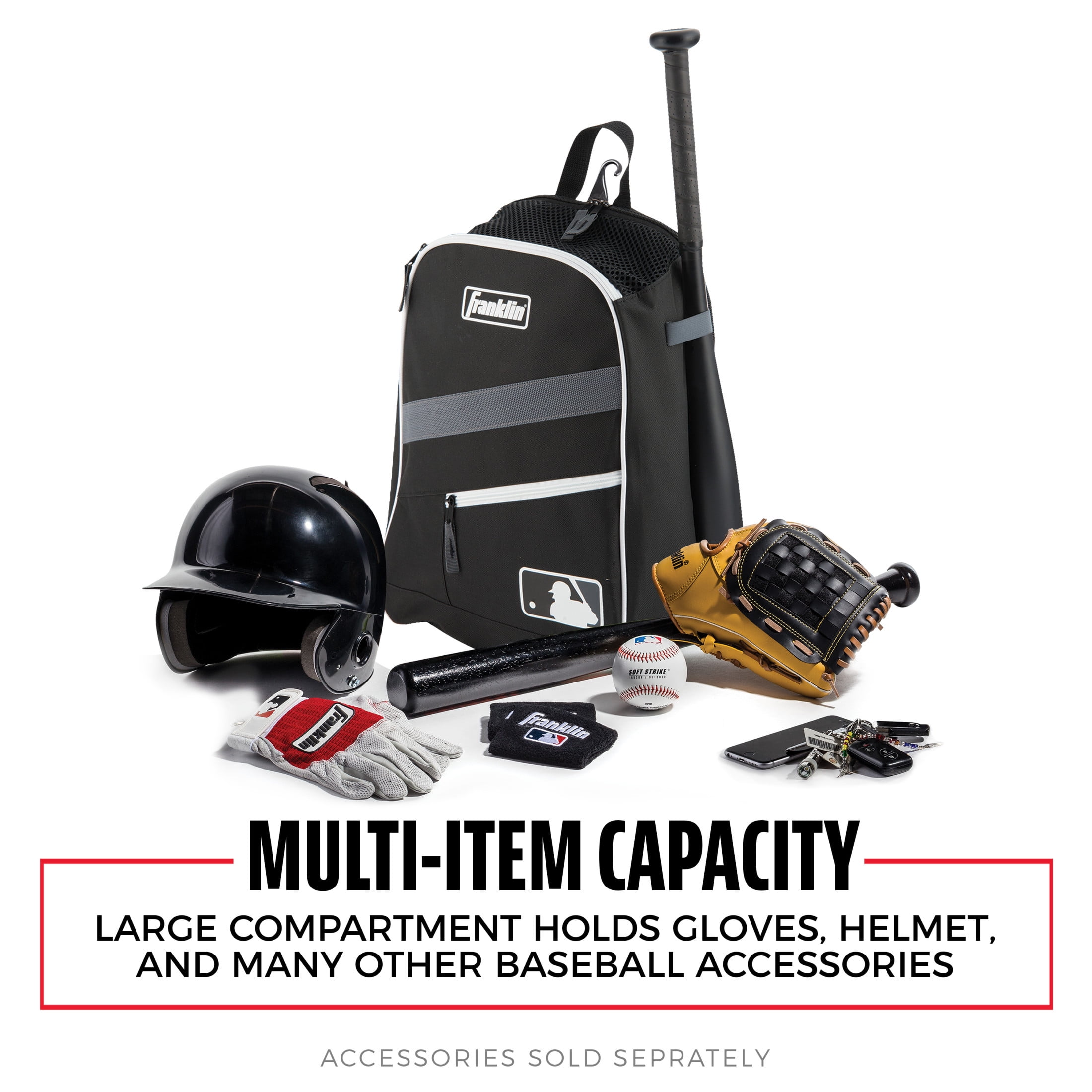 Franklin Sports MLB Youth Baseball Batpack Bag, Holds 2 Bats, Black/Gray