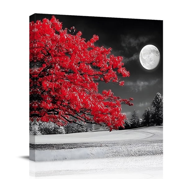 Canvas Wall Art Red Tree Canvas Art Print Full Moon Black White Night Lake Landscape Pictures Wall Decor for Living Room Bedroom Artwork Decorations Stretched Framed Ready to Hang 10"x10"
