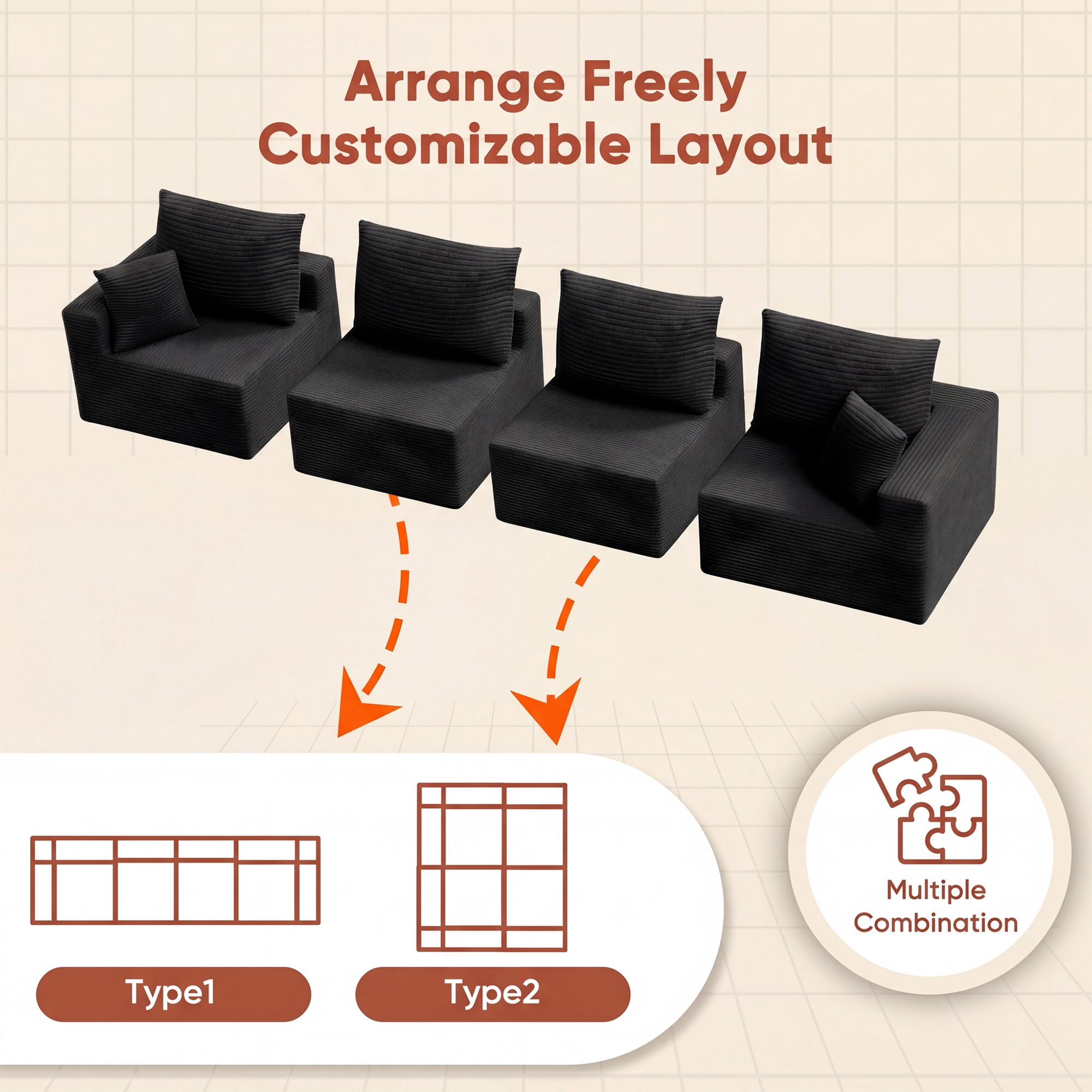 Homall 4-Seat Modular Corduroy Sofa, Sectional Couch with Convertible Modules, Modern Minimalist Sofa Set for Living Room, Freely Combinable Sofa Furniture, Black