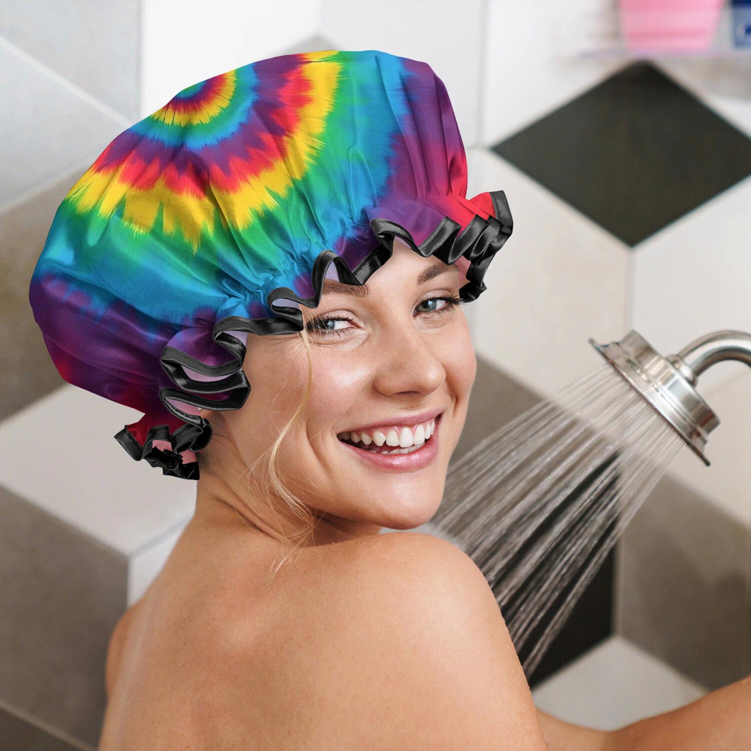 Shower Caps,Colorful Rainbow Tie Dye Spiral Pattern Waterproof Shower Cap for Women 4 Pieces,Double Reusable Hair Cover for Shower PEVA Elastic Stretch Hem