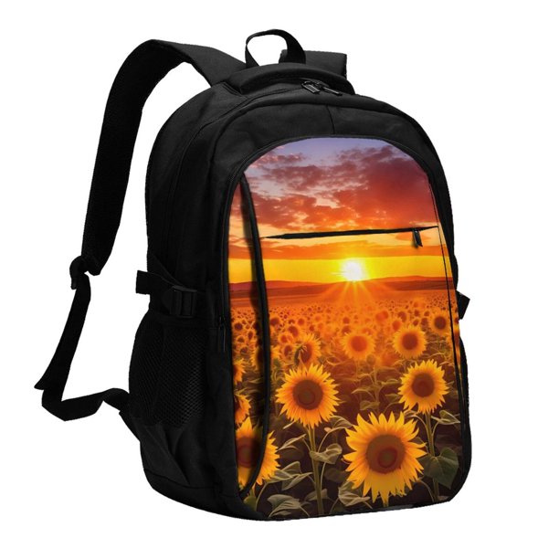 Easygdp Sunset Golden Sunflower Field Mochila para Laptop de Viaje con Puerto USB, Mochila para Laptop con Puerto de Carga USB para Mujeres y Hombres