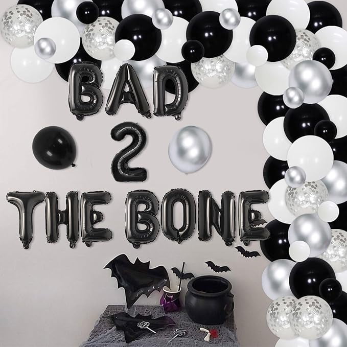 90Pcs Bad Two the Bone 2nd Birthday Party Decorations Black Silver Balloon Garland Arch Kit with Bad 2 the Bone Foil Balloons, Rock N Roll Music Theme 90s Second Birthday Party Decor for Boys